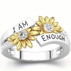 Elegant Stainless Steel Silver Sunflower Design Press” I am Enough” Ring Size 6